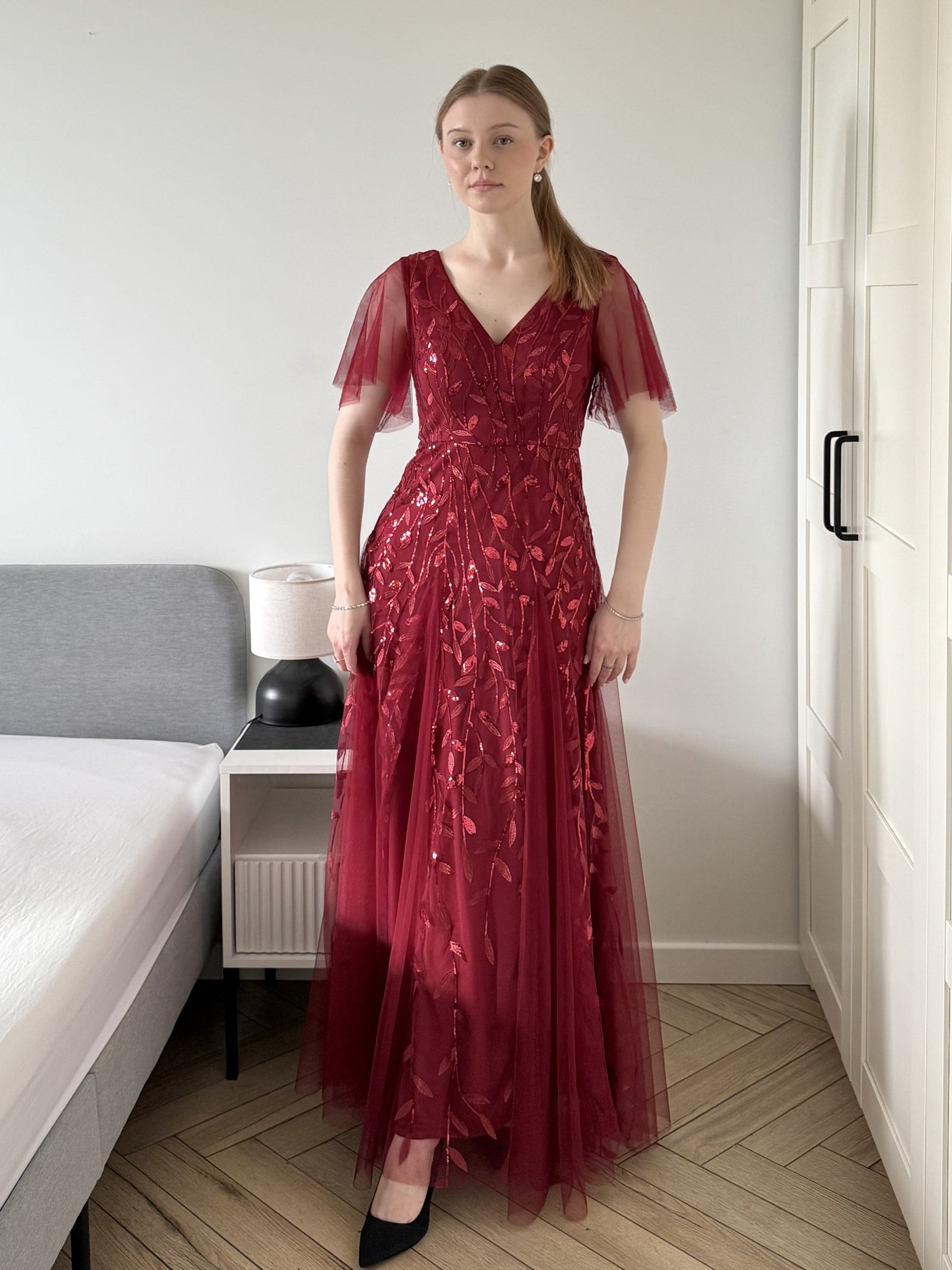 ever ASTRAL|Ruffle Sleeves Leaf Sequin Maxi Bridesmaid Dress