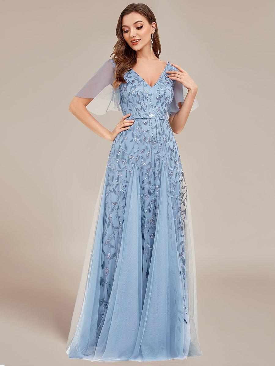 ever ASTRAL|Elegant Ruffle Sleeves Maxi Sequin Mother of the Bride Dress