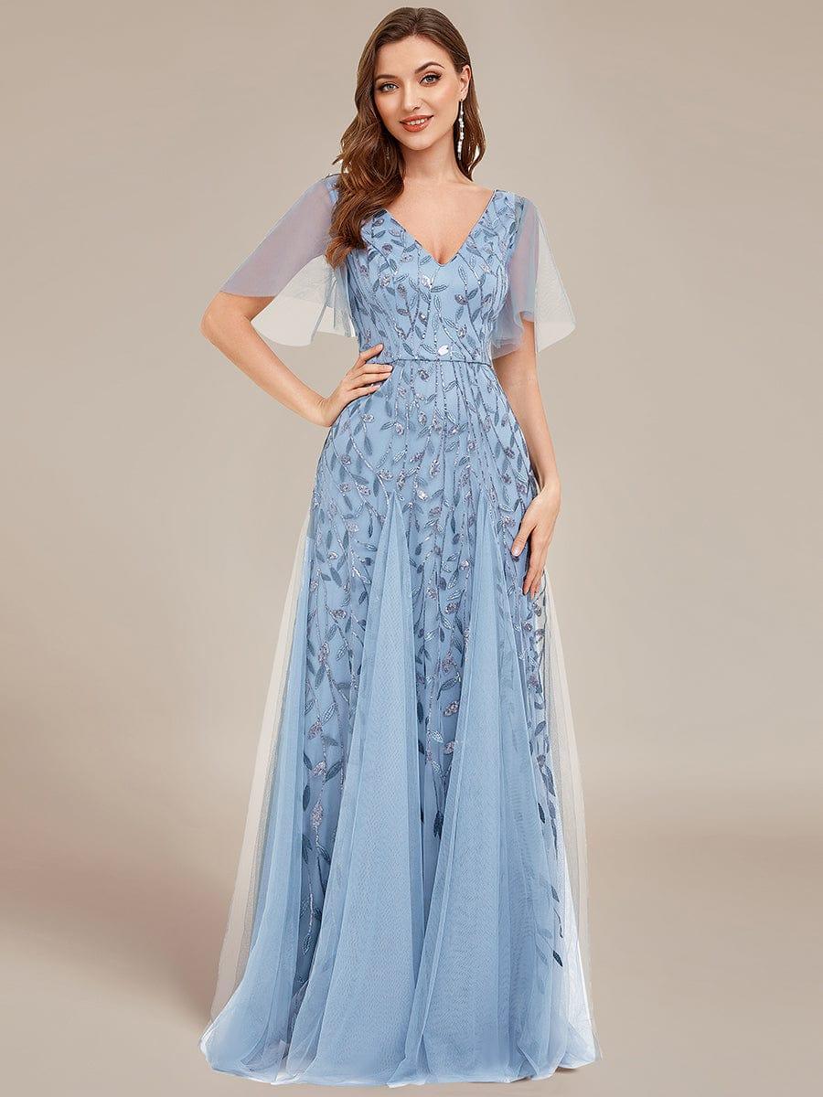 ever ASTRAL|Elegant Ruffle Sleeves Maxi Sequin Mother of the Bride Dress