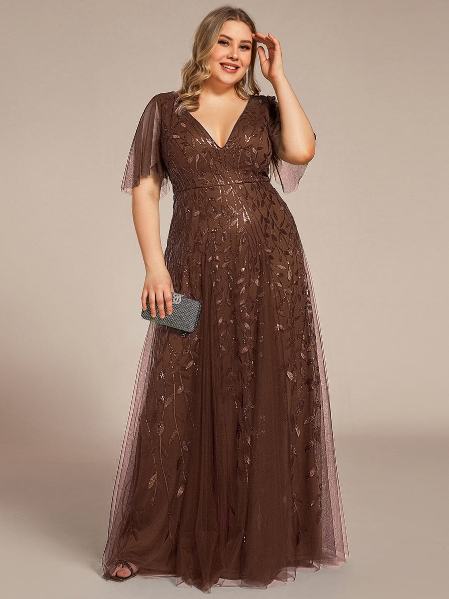 ever ASTRAL|Elegant Ruffle Sleeves Maxi Sequin Mother of the Bride Dress