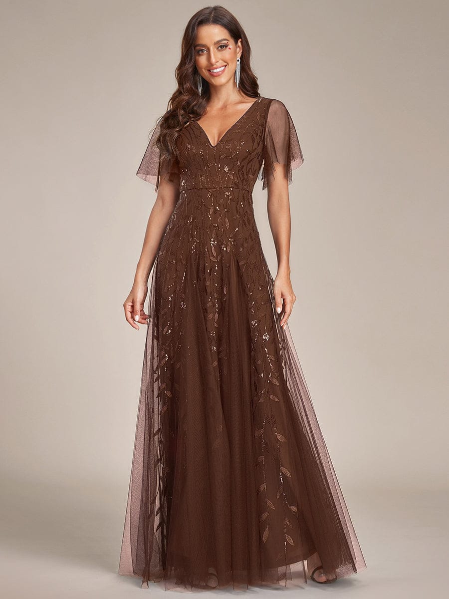 ever ASTRAL|Shimmery Ruffle Sleeves Maxi Sequin Evening Dress