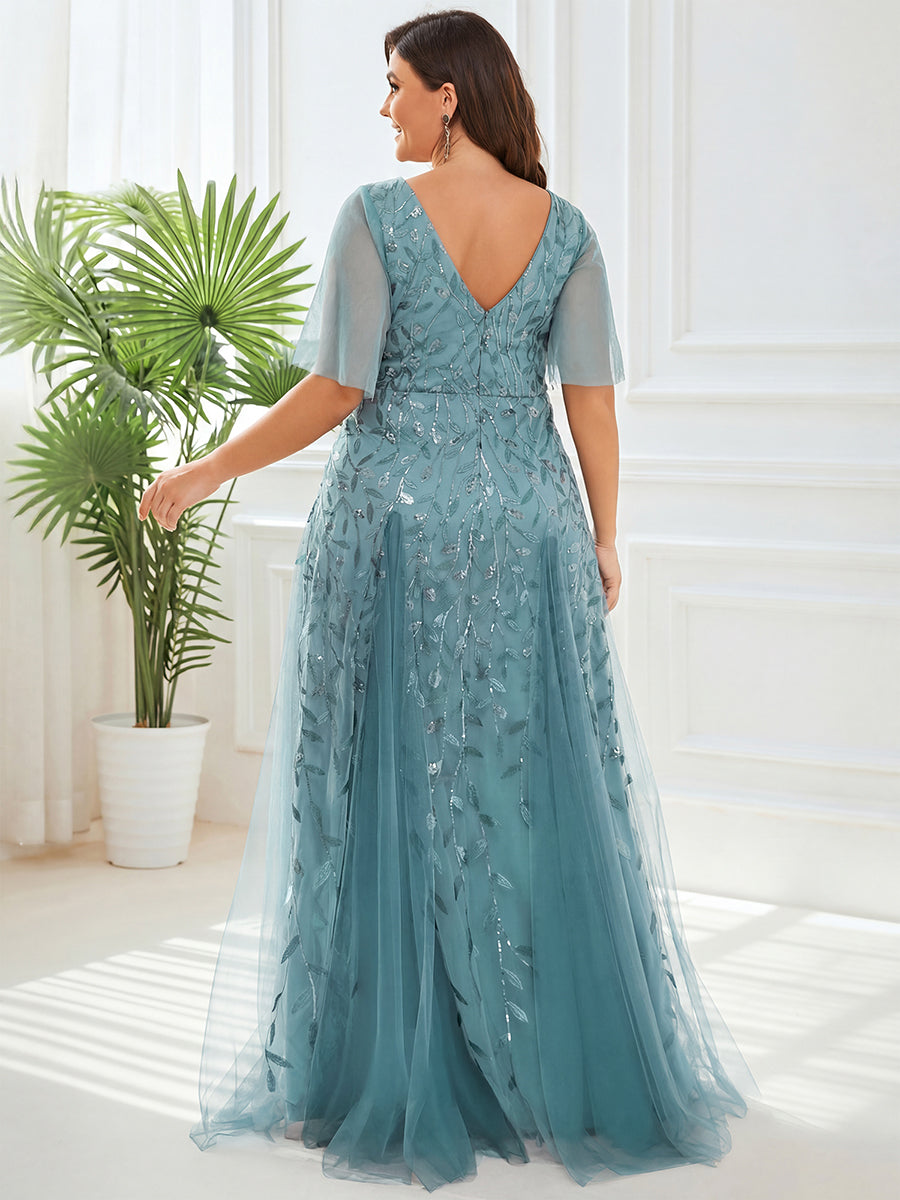 ever ASTRAL|Elegant Ruffle Sleeves Maxi Sequin Mother of the Bride Dress