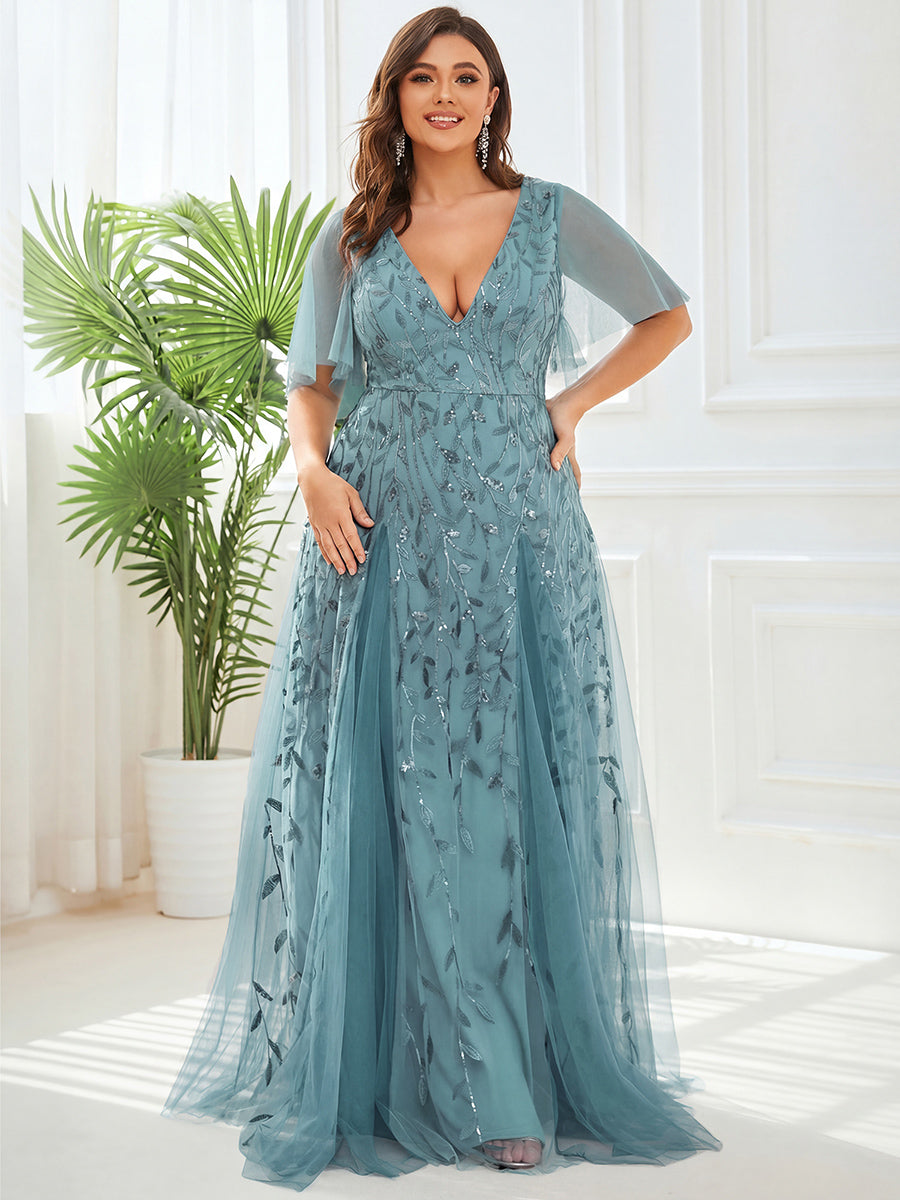 ever ASTRAL|Shimmery Ruffle Sleeves Maxi Sequin Evening Dress
