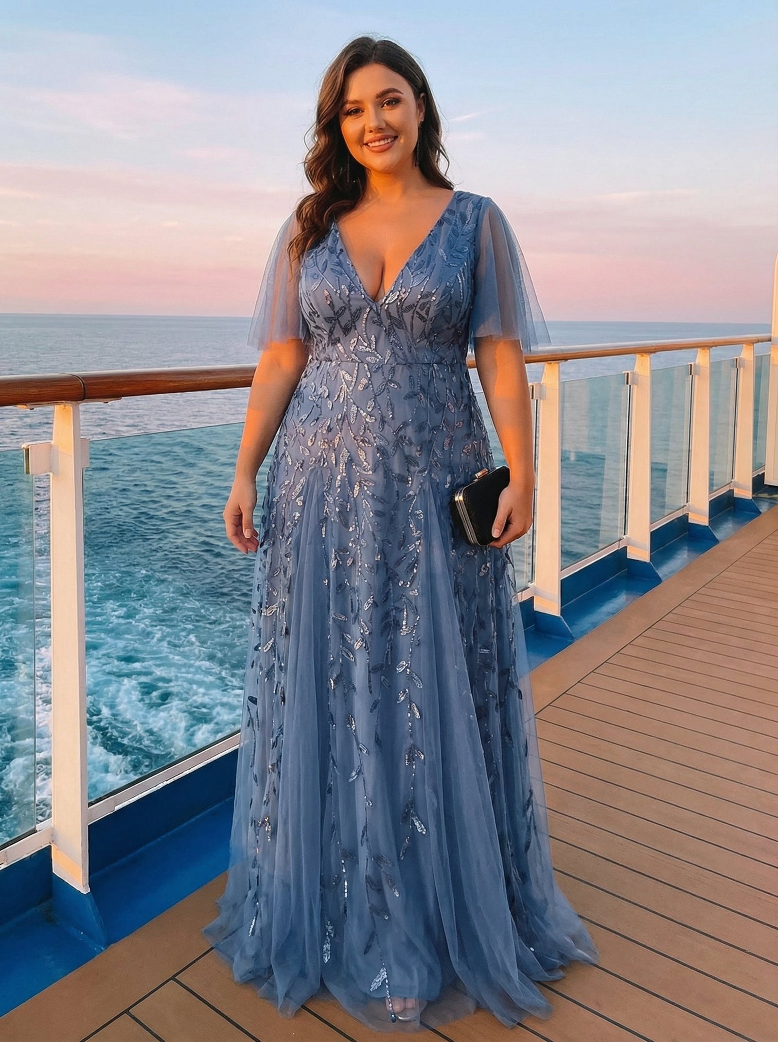 ever ASTRAL|Shimmery Ruffle Sleeves Maxi Sequin Evening Dress