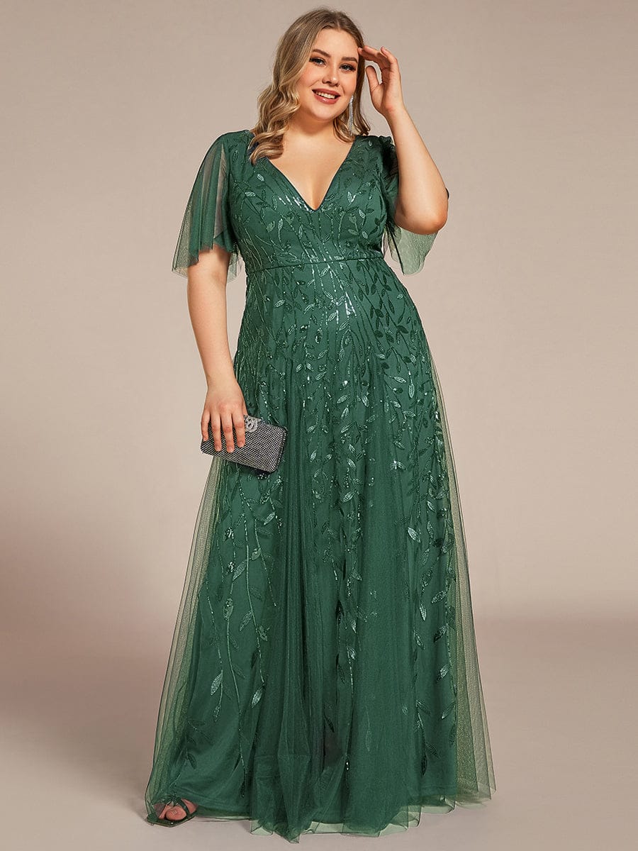 ever ASTRAL|Elegant Ruffle Sleeves Maxi Sequin Mother of the Bride Dress