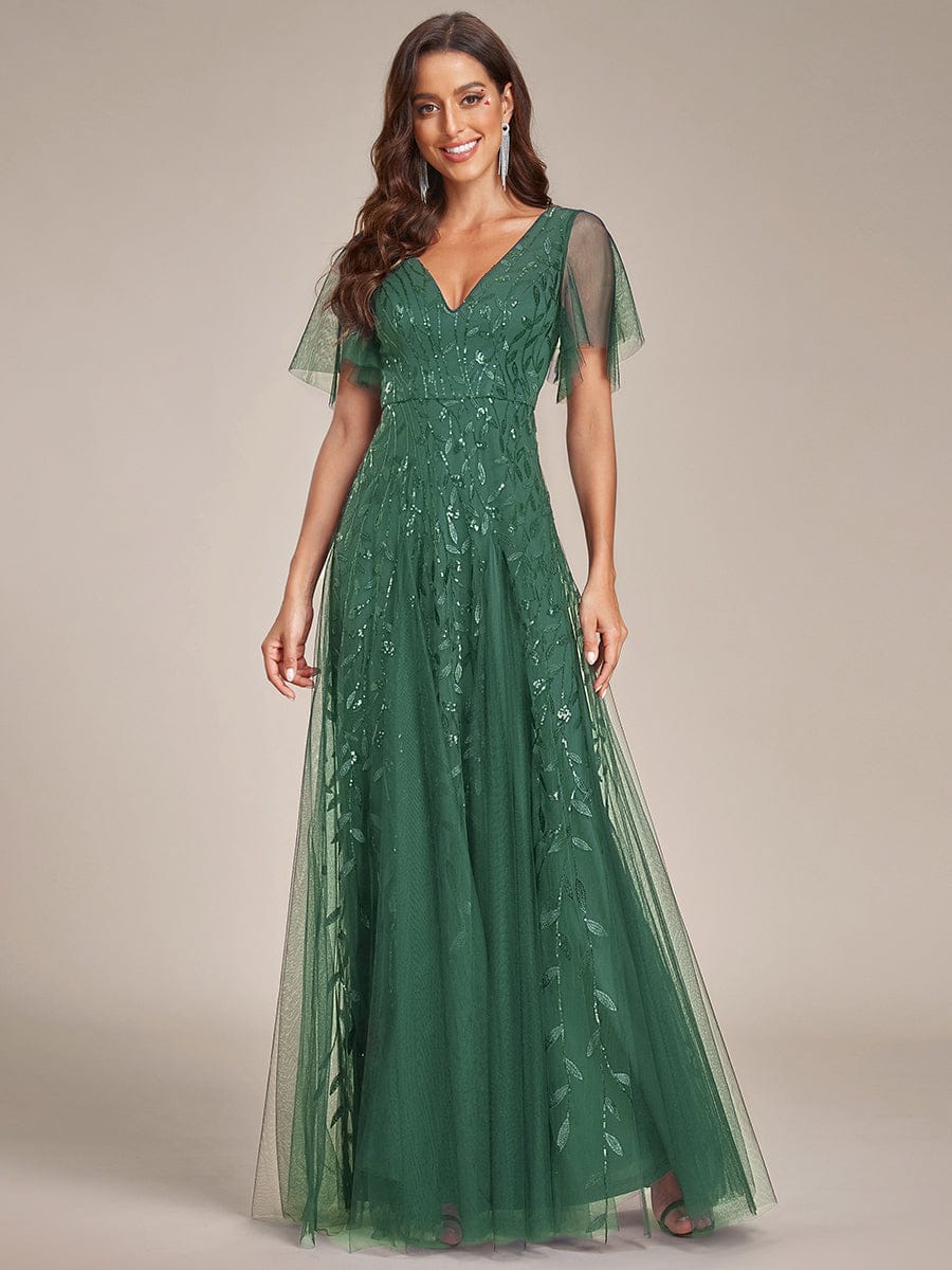 ever ASTRAL|Elegant Ruffle Sleeves Maxi Sequin Mother of the Bride Dress
