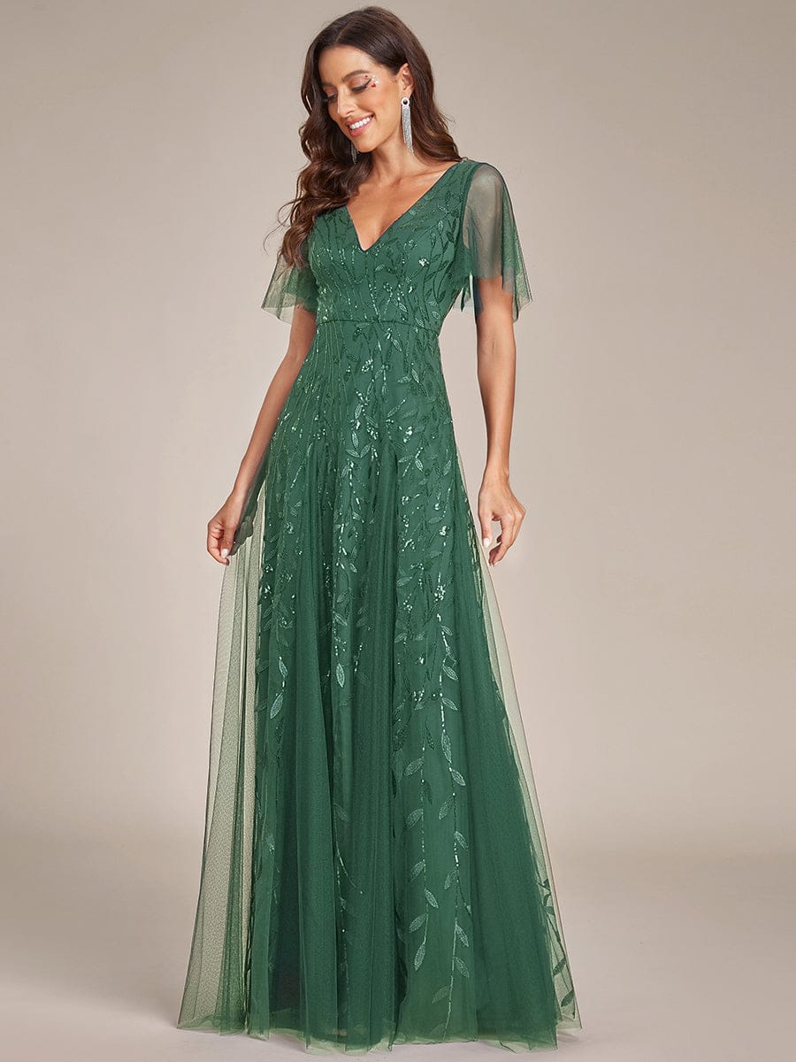 ever ASTRAL|Elegant Ruffle Sleeves Maxi Sequin Mother of the Bride Dress