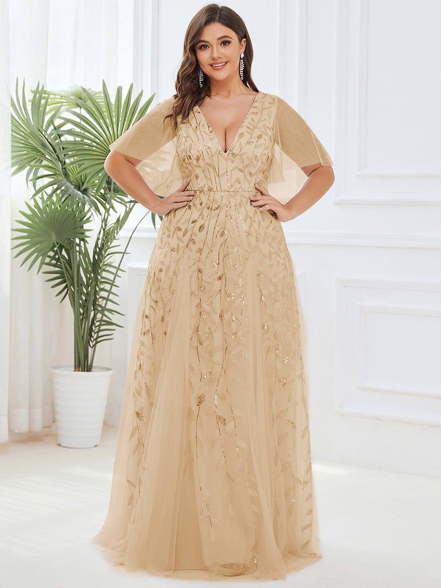 ever ASTRAL|Elegant Ruffle Sleeves Maxi Sequin Mother of the Bride Dress