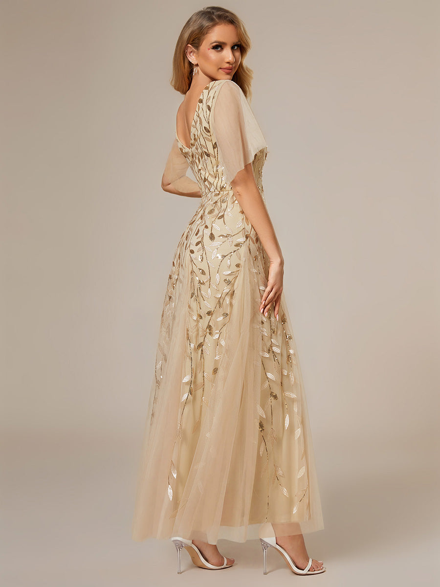 ever ASTRAL|Elegant Ruffle Sleeves Maxi Sequin Mother of the Bride Dress