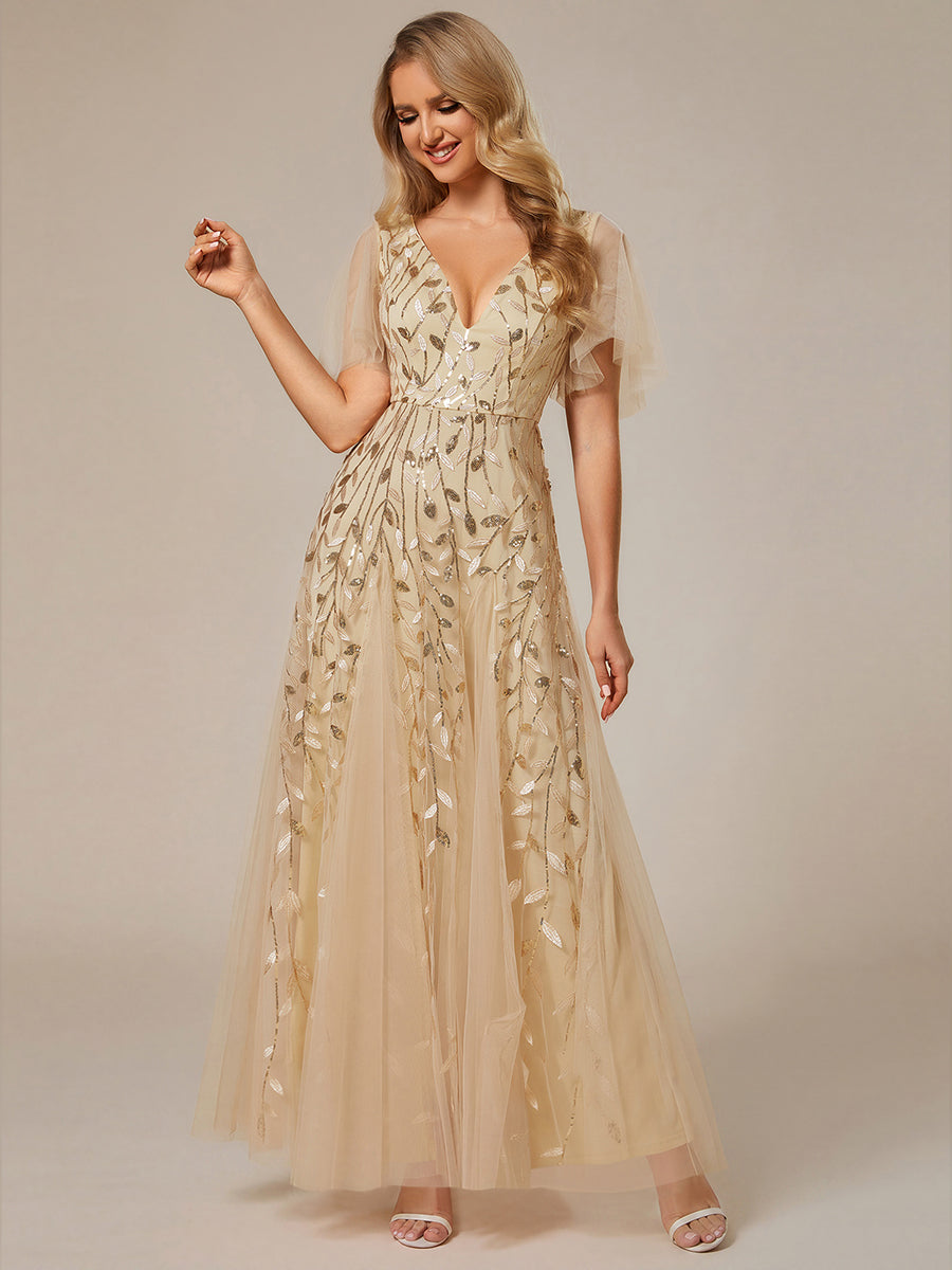 ever ASTRAL|Elegant Ruffle Sleeves Maxi Sequin Mother of the Bride Dress