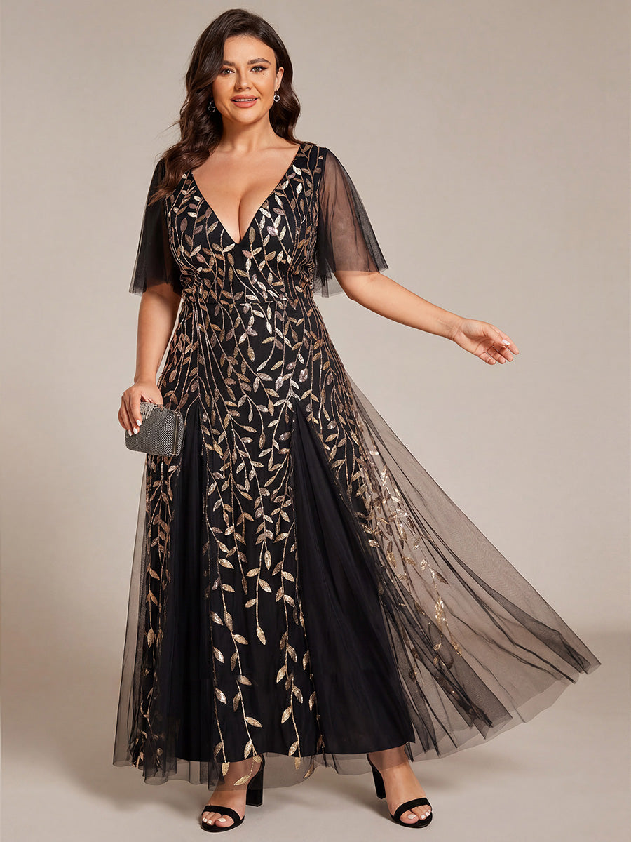 ever ASTRAL|Ruffle Sleeves Leaf Sequin Maxi Bridesmaid Dress