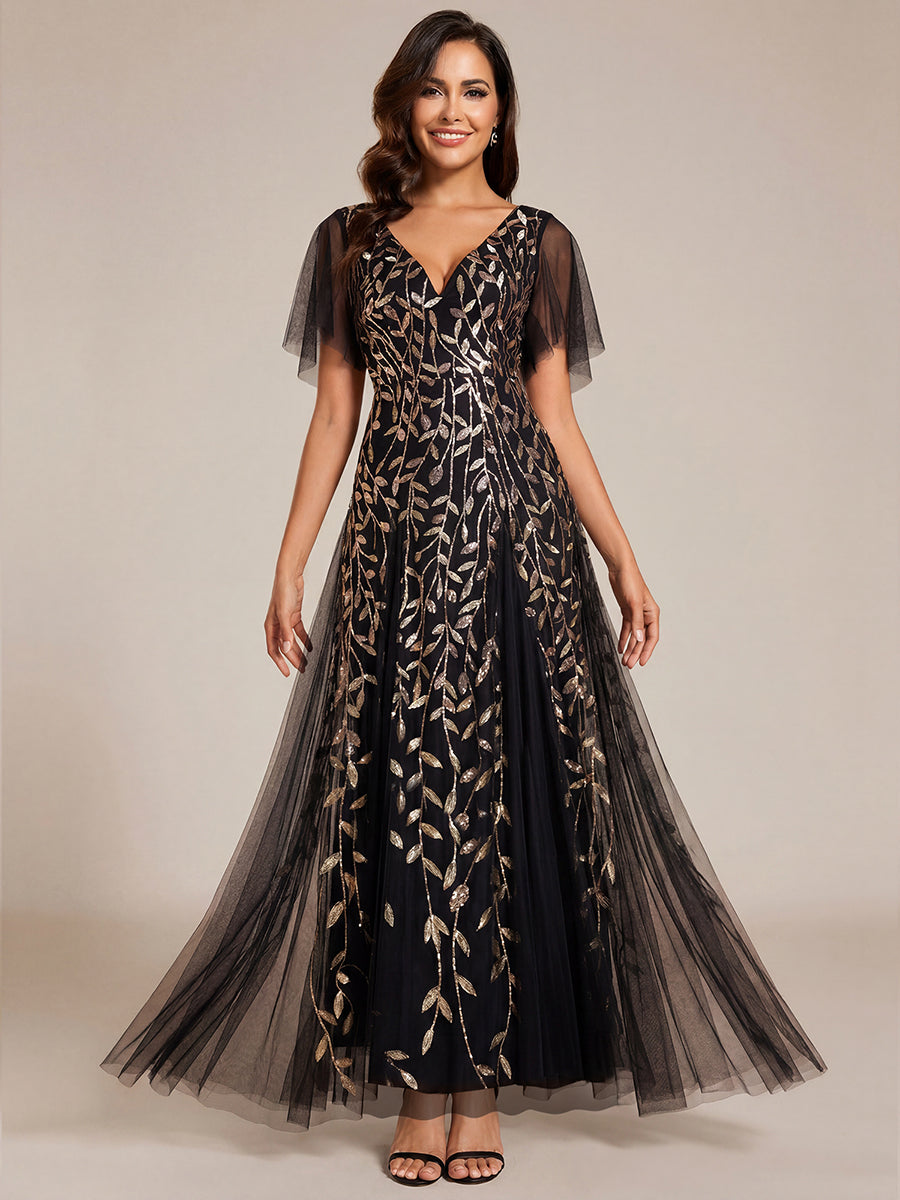 ever ASTRAL|Ruffle Sleeves Leaf Sequin Maxi Bridesmaid Dress