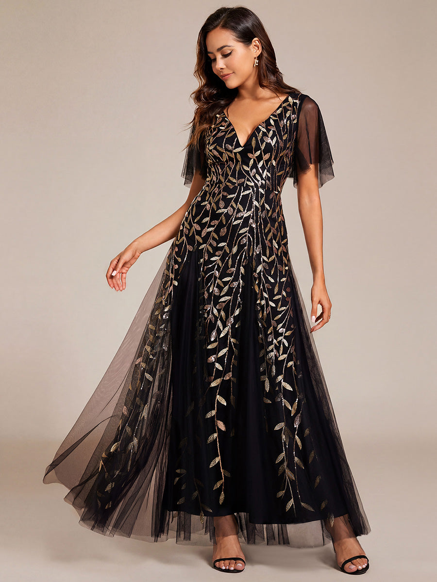 ever ASTRAL|Elegant Ruffle Sleeves Maxi Sequin Mother of the Bride Dress