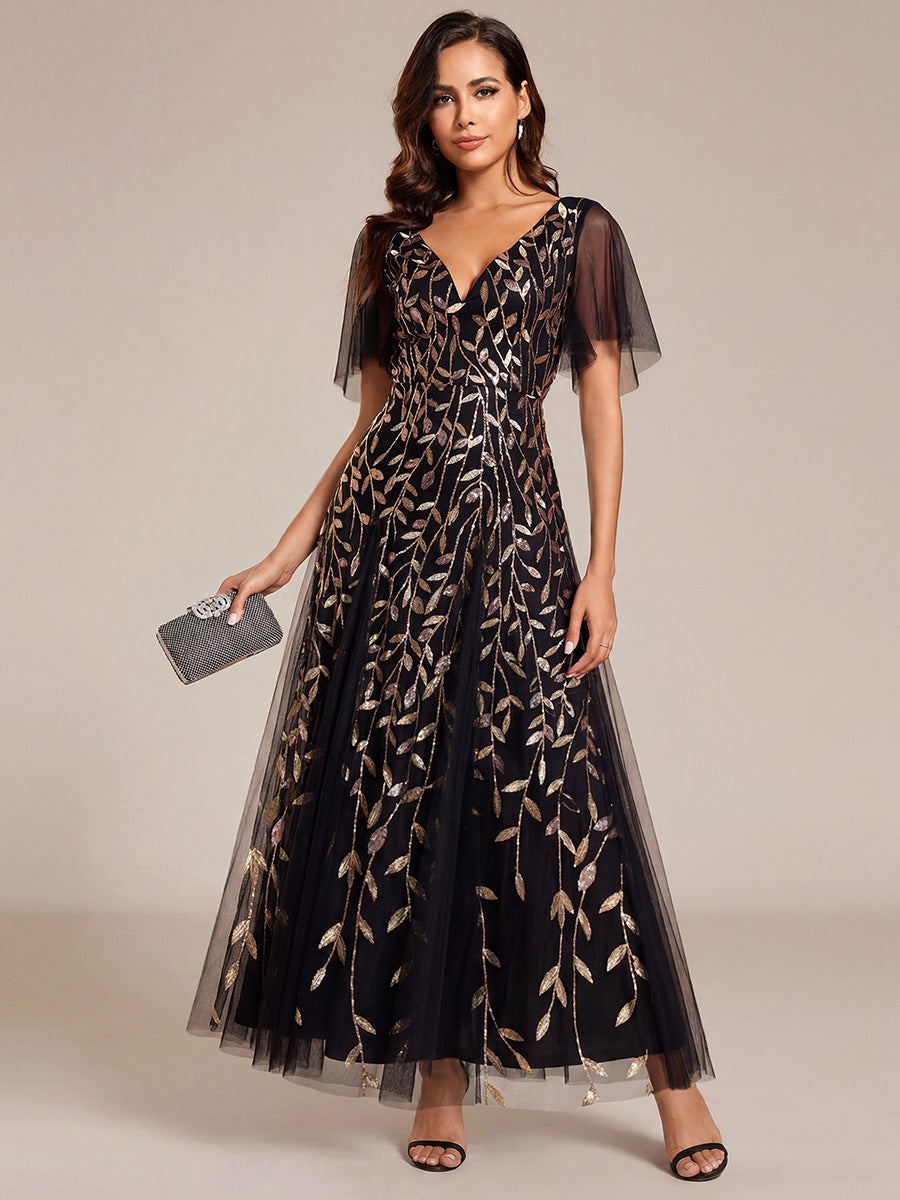 ever ASTRAL|Elegant Ruffle Sleeves Maxi Sequin Mother of the Bride Dress