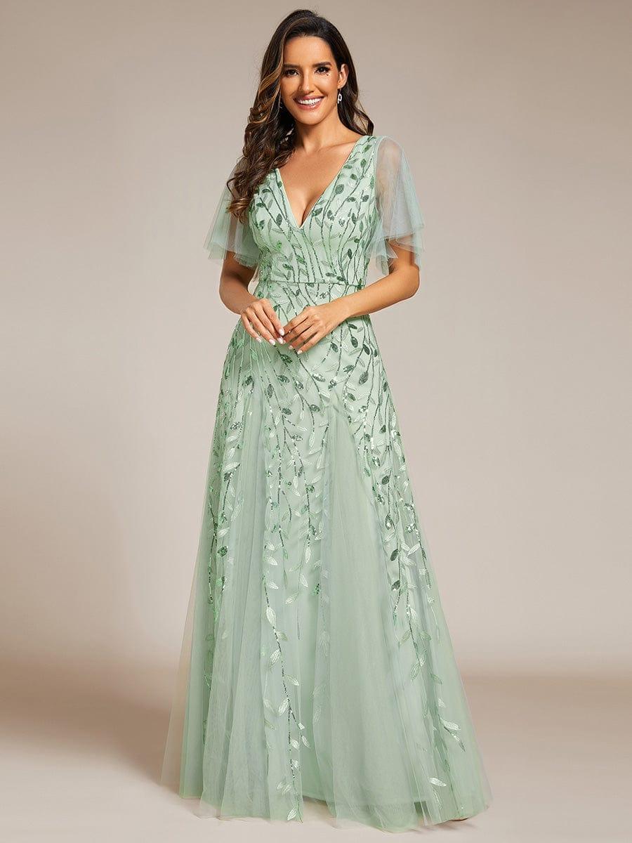 ever ASTRAL|Elegant Ruffle Sleeves Maxi Sequin Mother of the Bride Dress