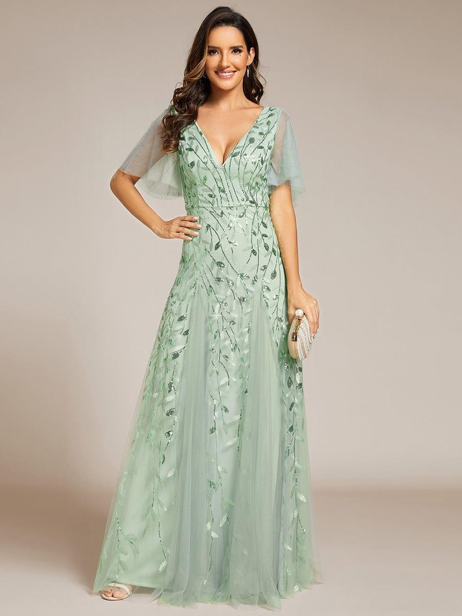 ever ASTRAL|Elegant Ruffle Sleeves Maxi Sequin Mother of the Bride Dress