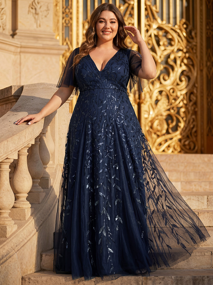 ever ASTRAL|Ruffle Sleeves Leaf Sequin Maxi Bridesmaid Dress
