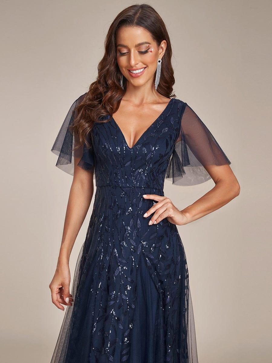 ever ASTRAL|Elegant Ruffle Sleeves Maxi Sequin Mother of the Bride Dress