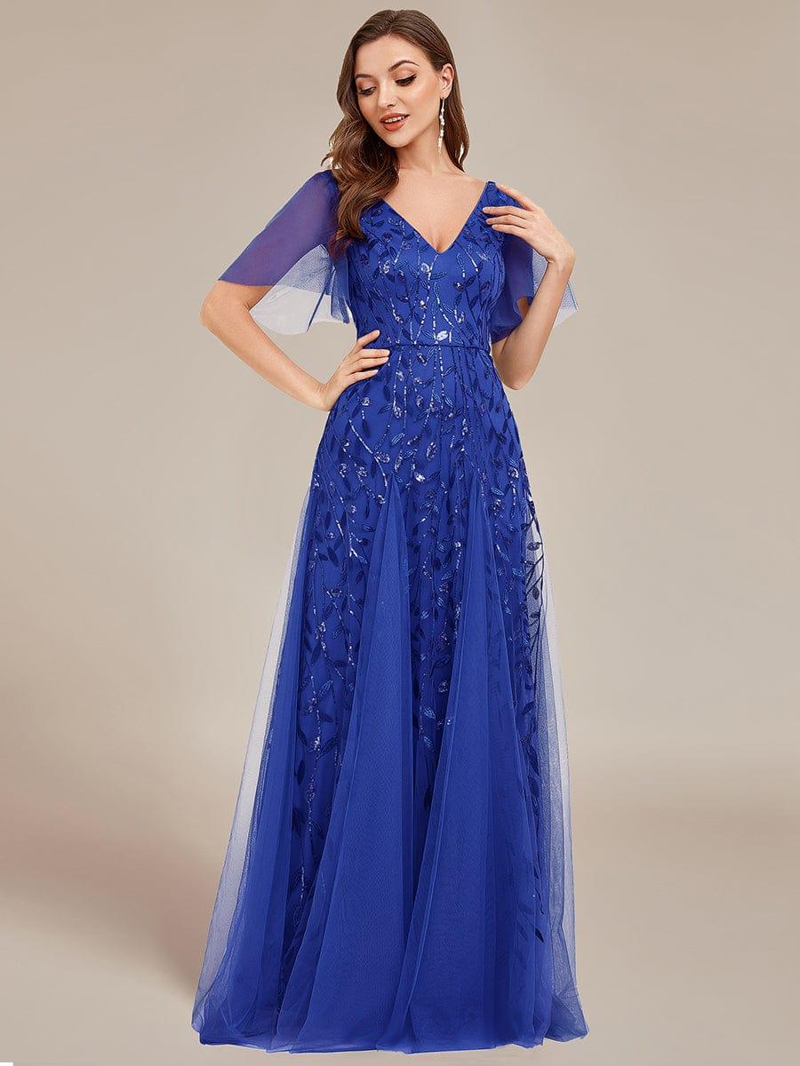 ever ASTRAL|Elegant Ruffle Sleeves Maxi Sequin Mother of the Bride Dress