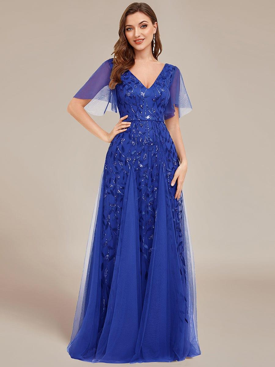 ever ASTRAL|Elegant Ruffle Sleeves Maxi Sequin Mother of the Bride Dress
