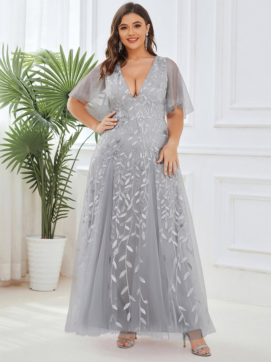ever ASTRAL|Elegant Ruffle Sleeves Maxi Sequin Mother of the Bride Dress
