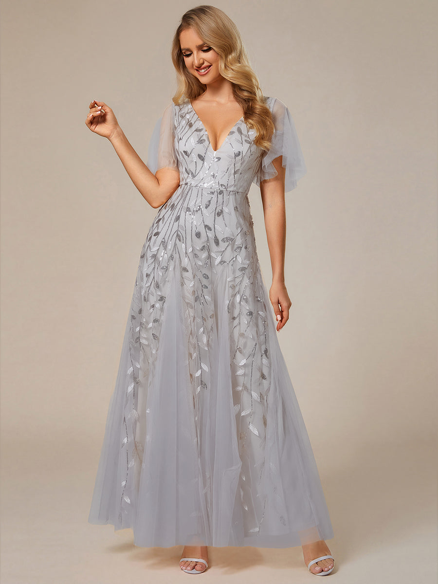 ever ASTRAL|Elegant Ruffle Sleeves Maxi Sequin Mother of the Bride Dress