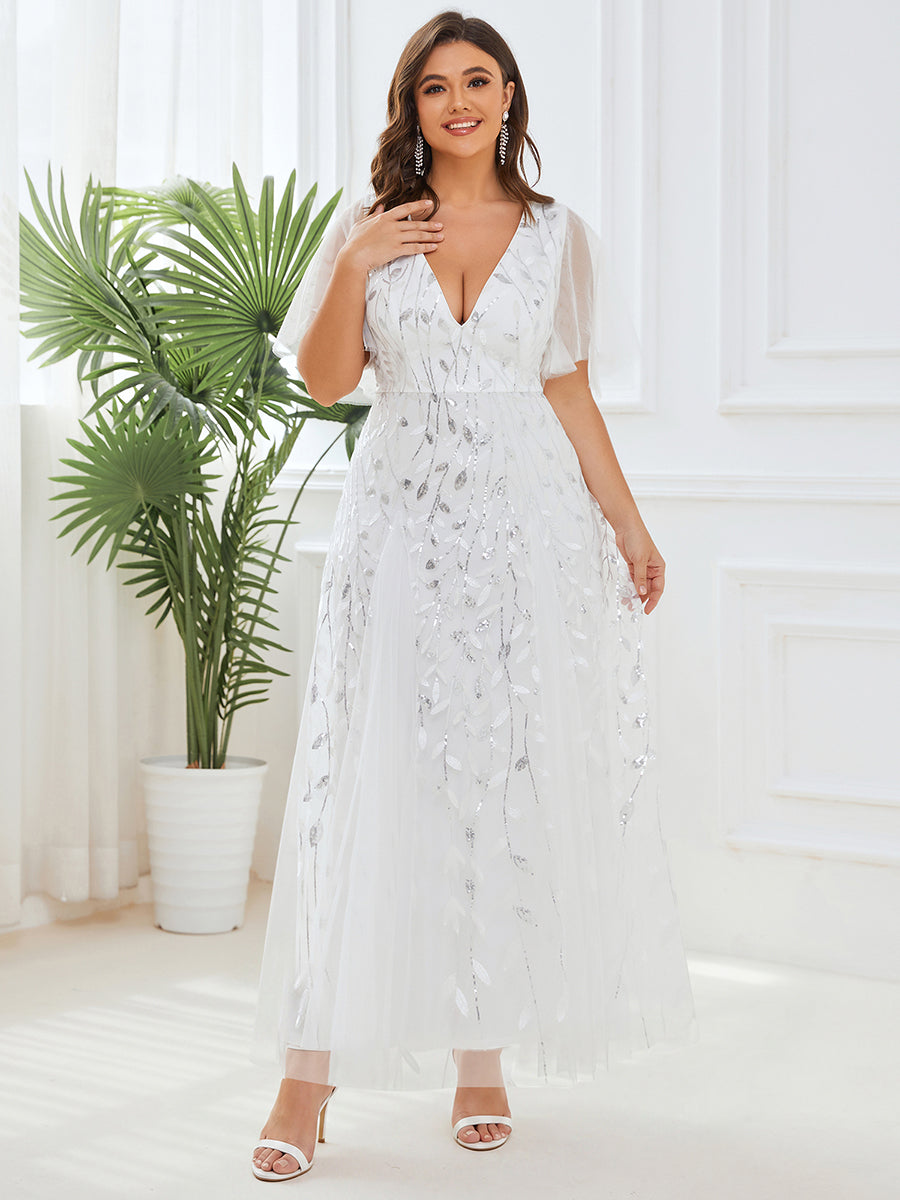 ever ASTRAL|Elegant Ruffle Sleeves Maxi Sequin Mother of the Bride Dress