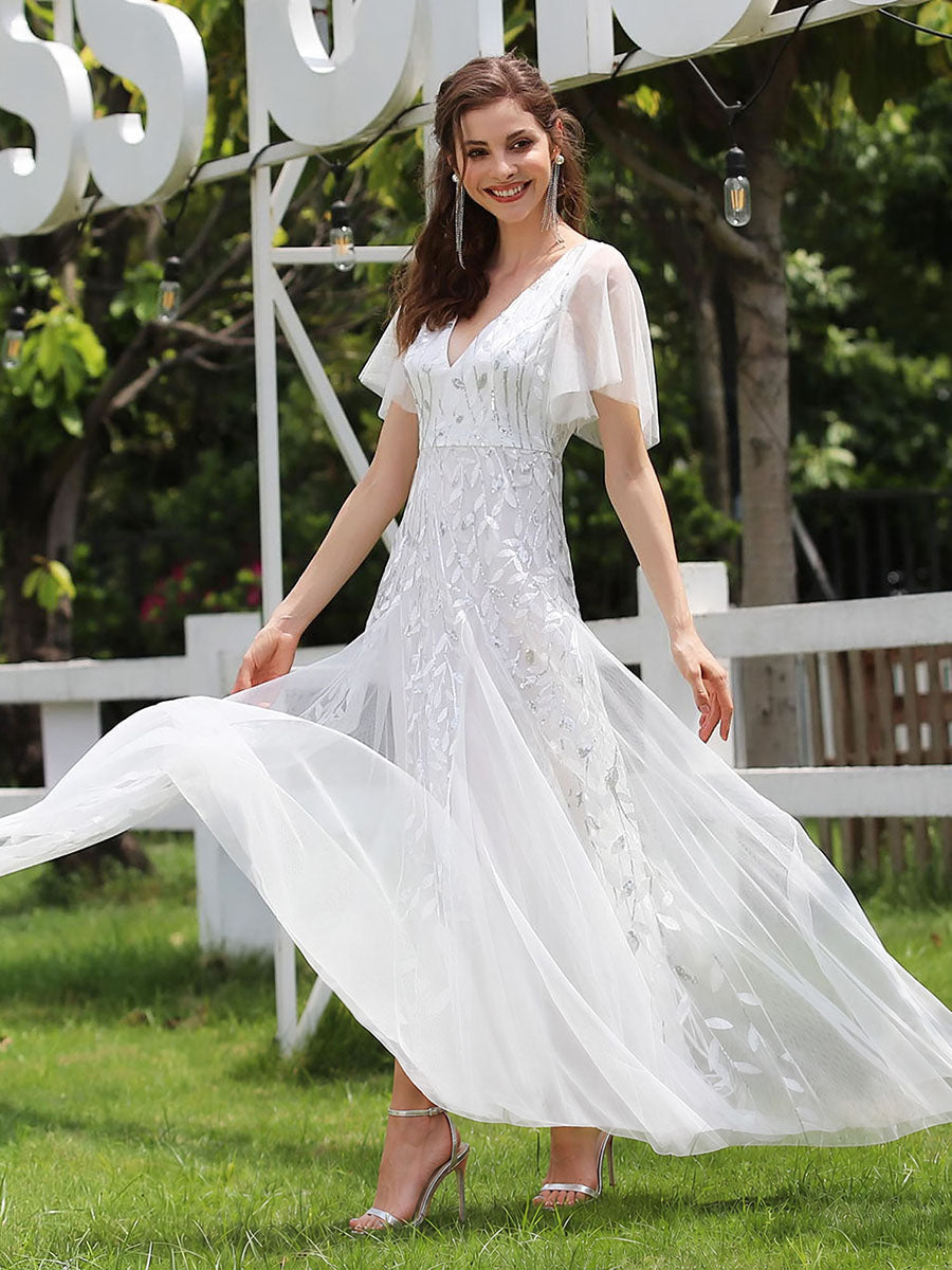 ever ASTRAL|Shimmery Ruffle Sleeves Maxi Sequin Evening Dress