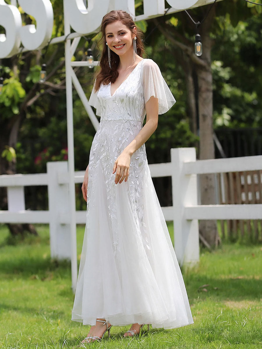 ever ASTRAL|Elegant Ruffle Sleeves Maxi Sequin Mother of the Bride Dress