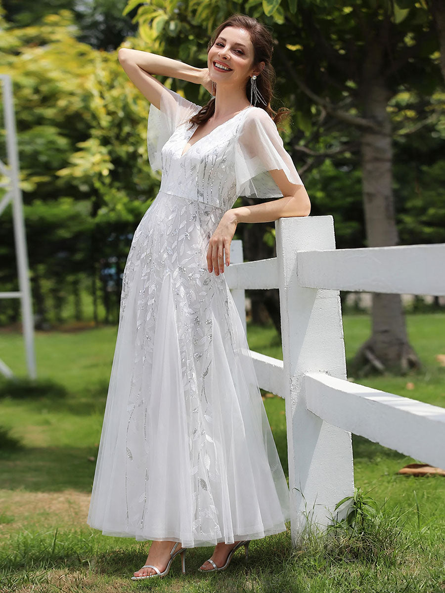 ever ASTRAL|Elegant Ruffle Sleeves Maxi Sequin Mother of the Bride Dress