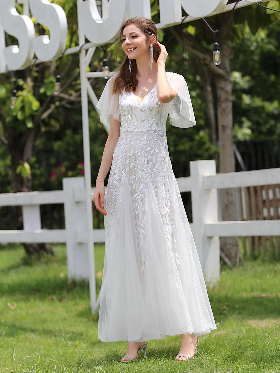 ever ASTRAL|Elegant Ruffle Sleeves Maxi Sequin Mother of the Bride Dress