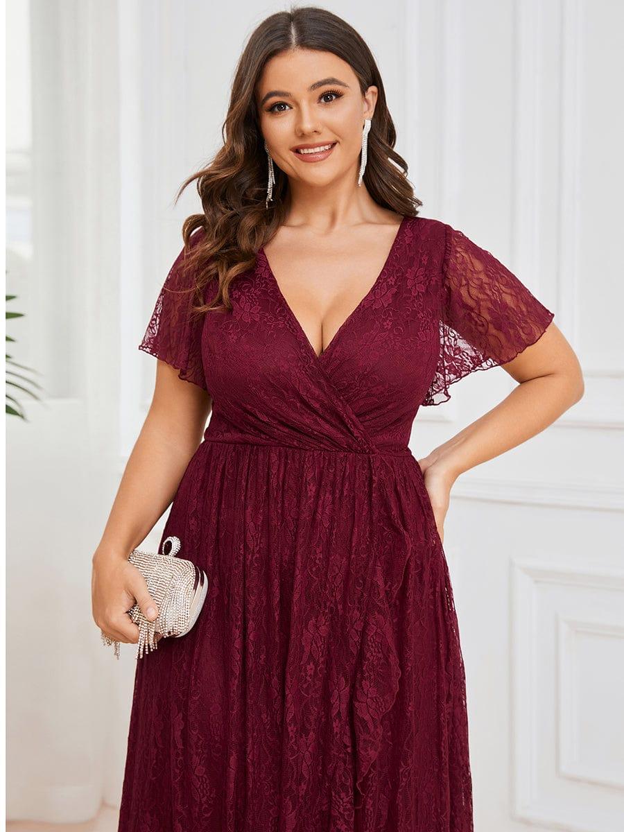 ever ELISE|Pleated V-Neck Lace Formal Evening Dress