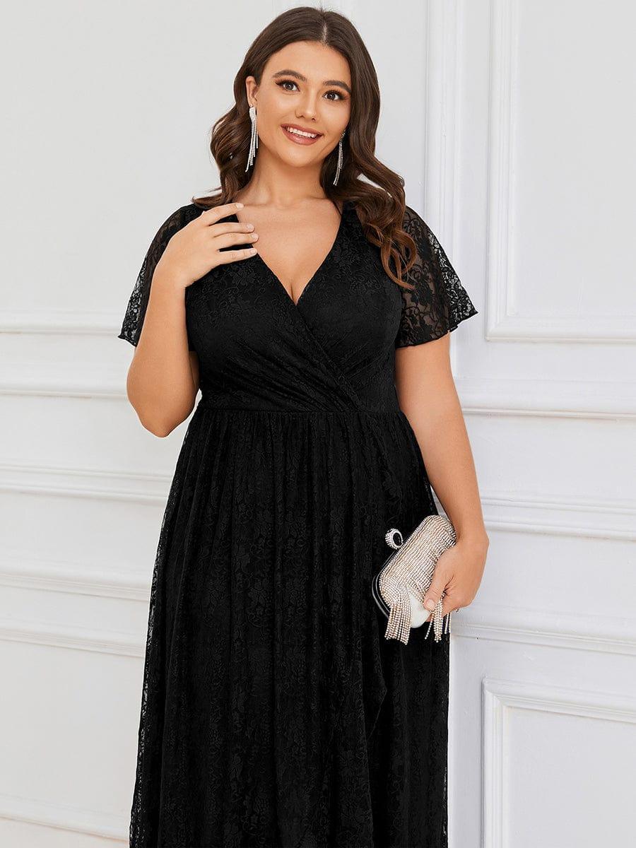 ever ELISE|Pleated V-Neck Short Sleeve Ruffled Lace Wedding Guest Dress