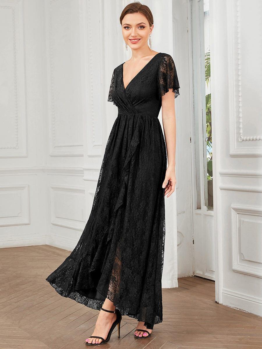 ever ELISE|Pleated V-Neck Short Sleeve Ruffled Lace Wedding Guest Dress