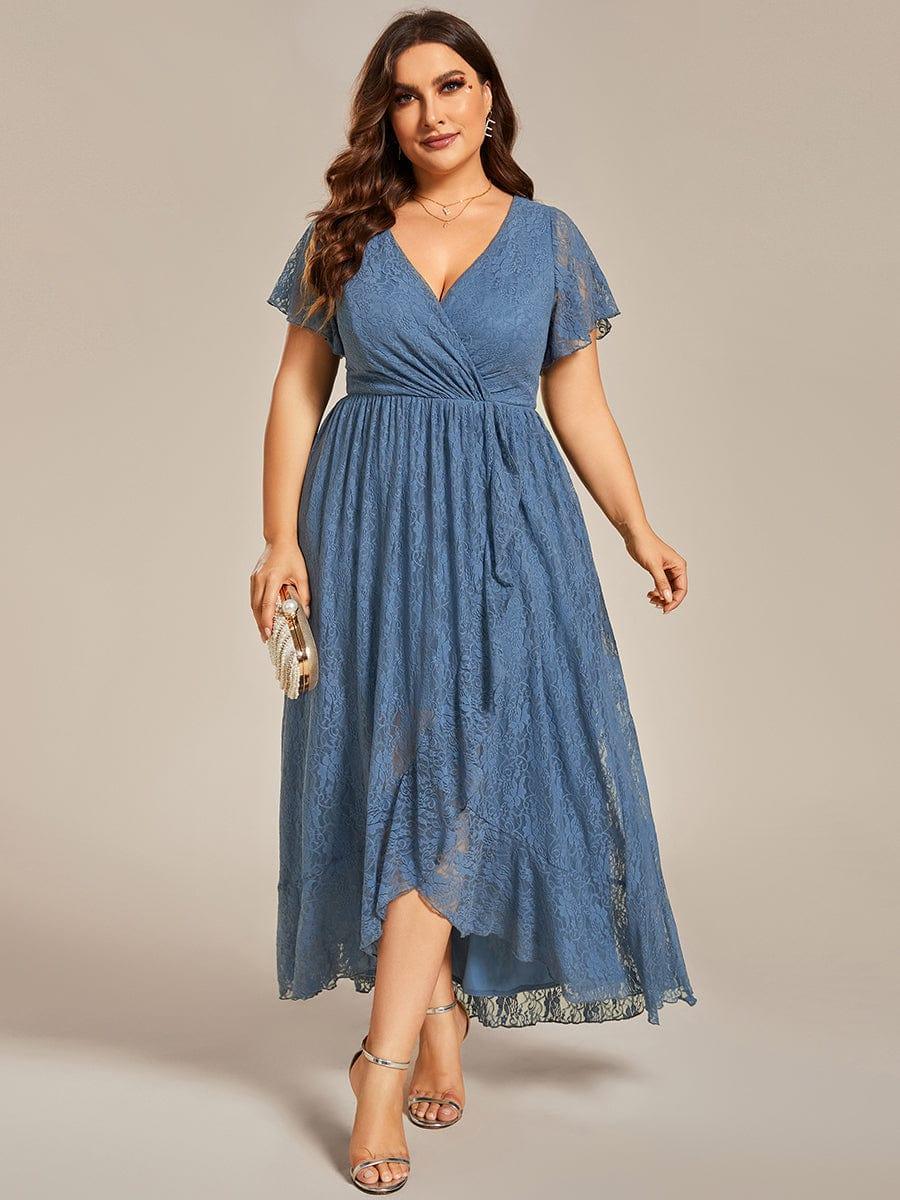 ever ELISE|Pleated V-Neck Short Sleeve Ruffled Lace Wedding Guest Dress