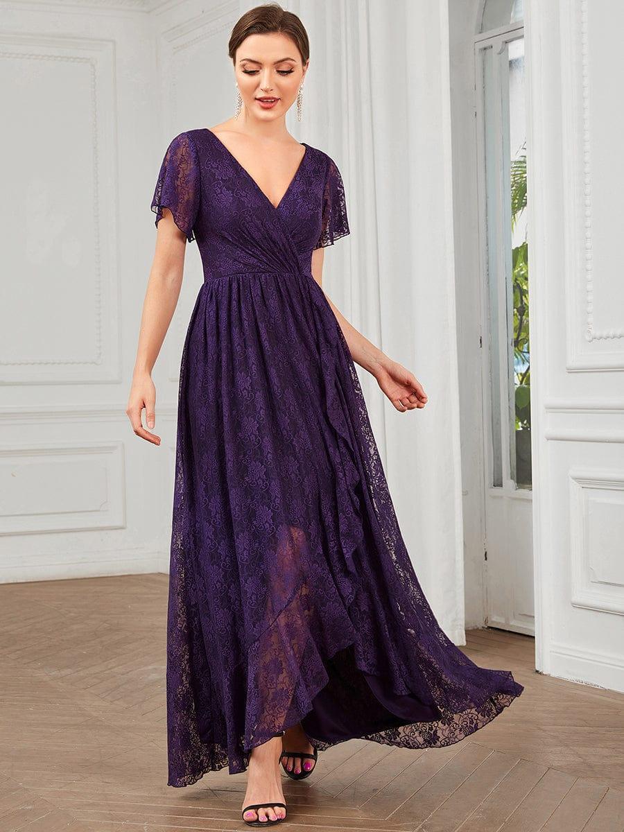 ever ELISE|Pleated V-Neck Lace Formal Evening Dress