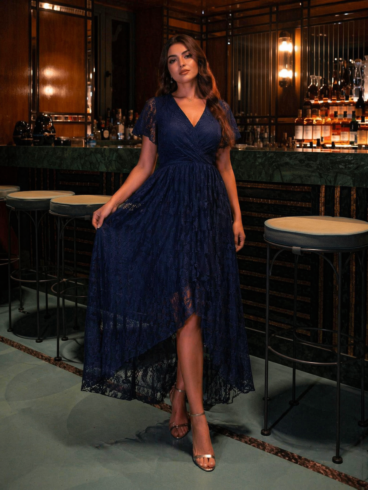 ever ELISE|Pleated V-Neck Lace Formal Evening Dress