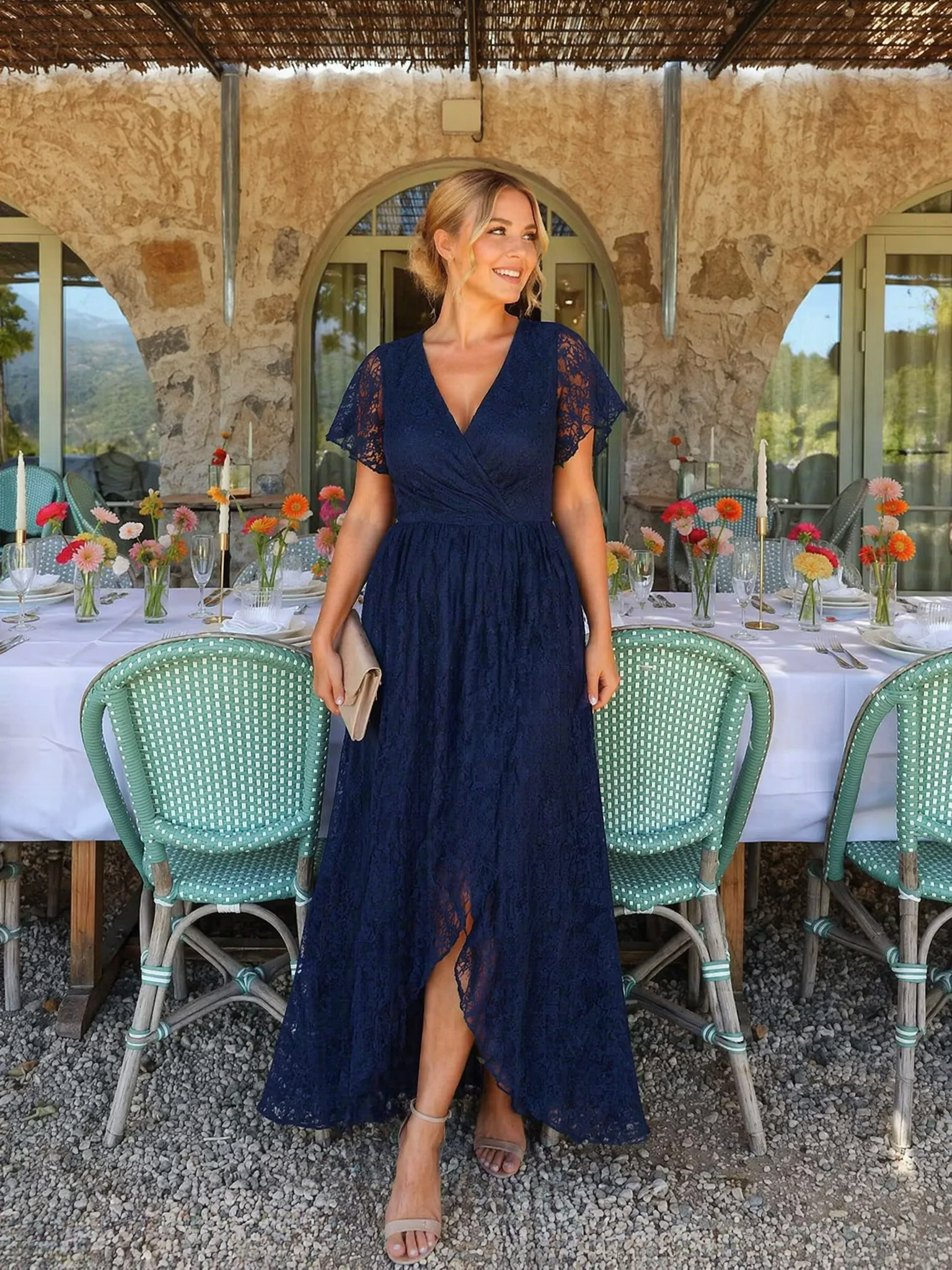 ever ELISE|Pleated V-Neck Short Sleeve Ruffled Lace Wedding Guest Dress