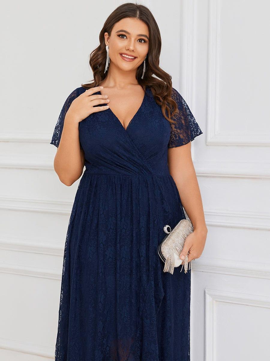 ever ELISE|Pleated V-Neck Short Sleeve Ruffled Lace Wedding Guest Dress