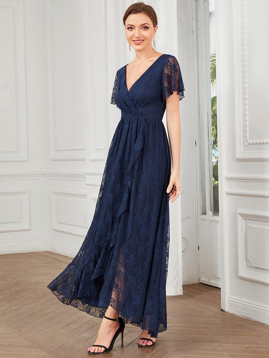 ever ELISE|Pleated V-Neck Lace Formal Evening Dress