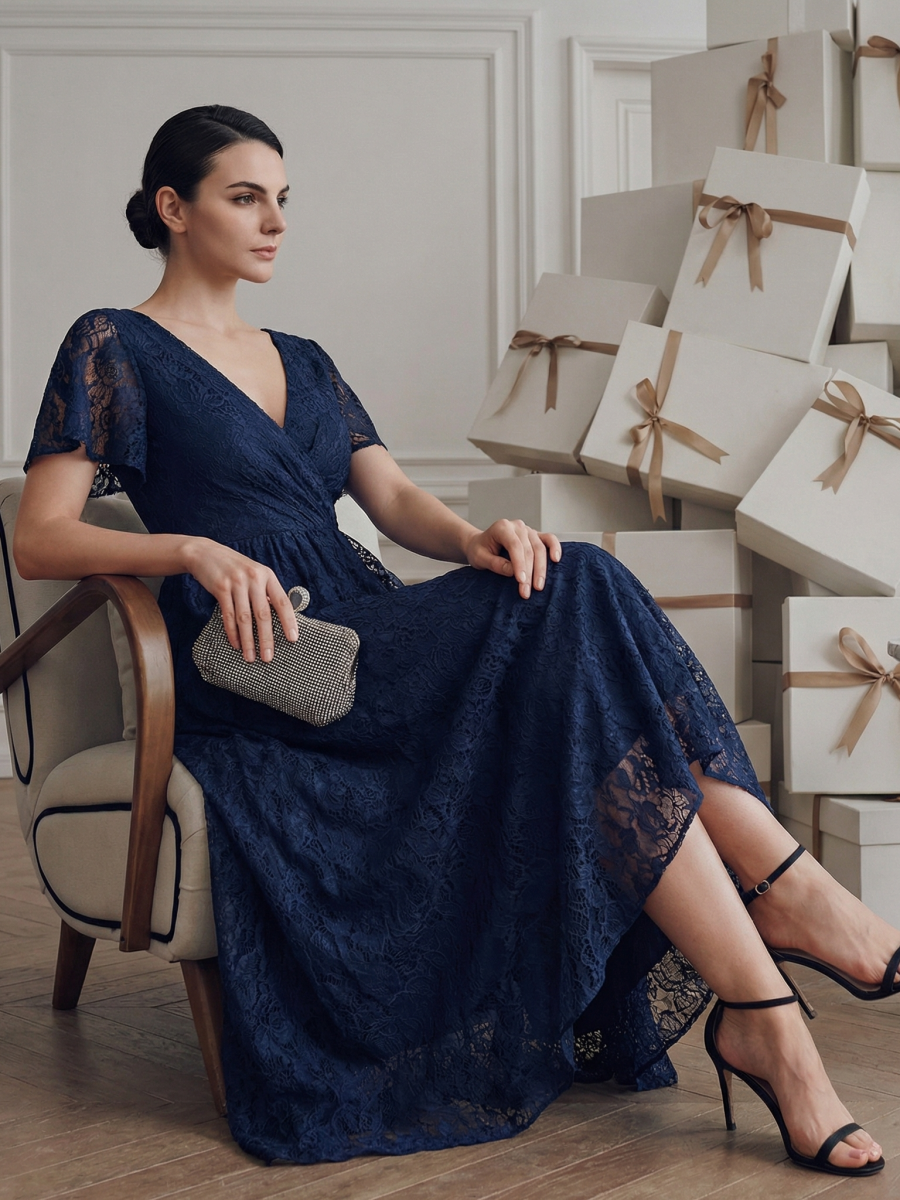 ever ELISE|Pleated V-Neck Short Sleeve Ruffled Lace Wedding Guest Dress