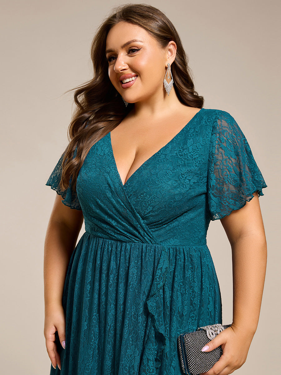 ever ELISE|Pleated V-Neck Lace Formal Evening Dress