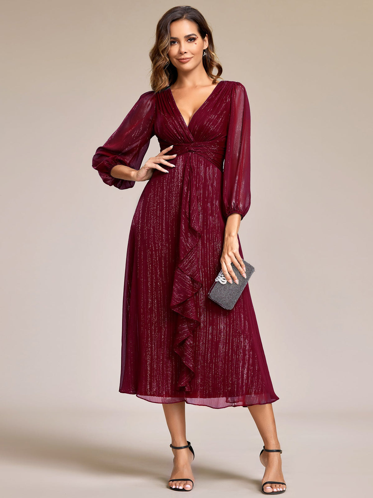 ever EMBER|Glitter Twist Knot See-Through Long Sleeve Wedding Guest Dress