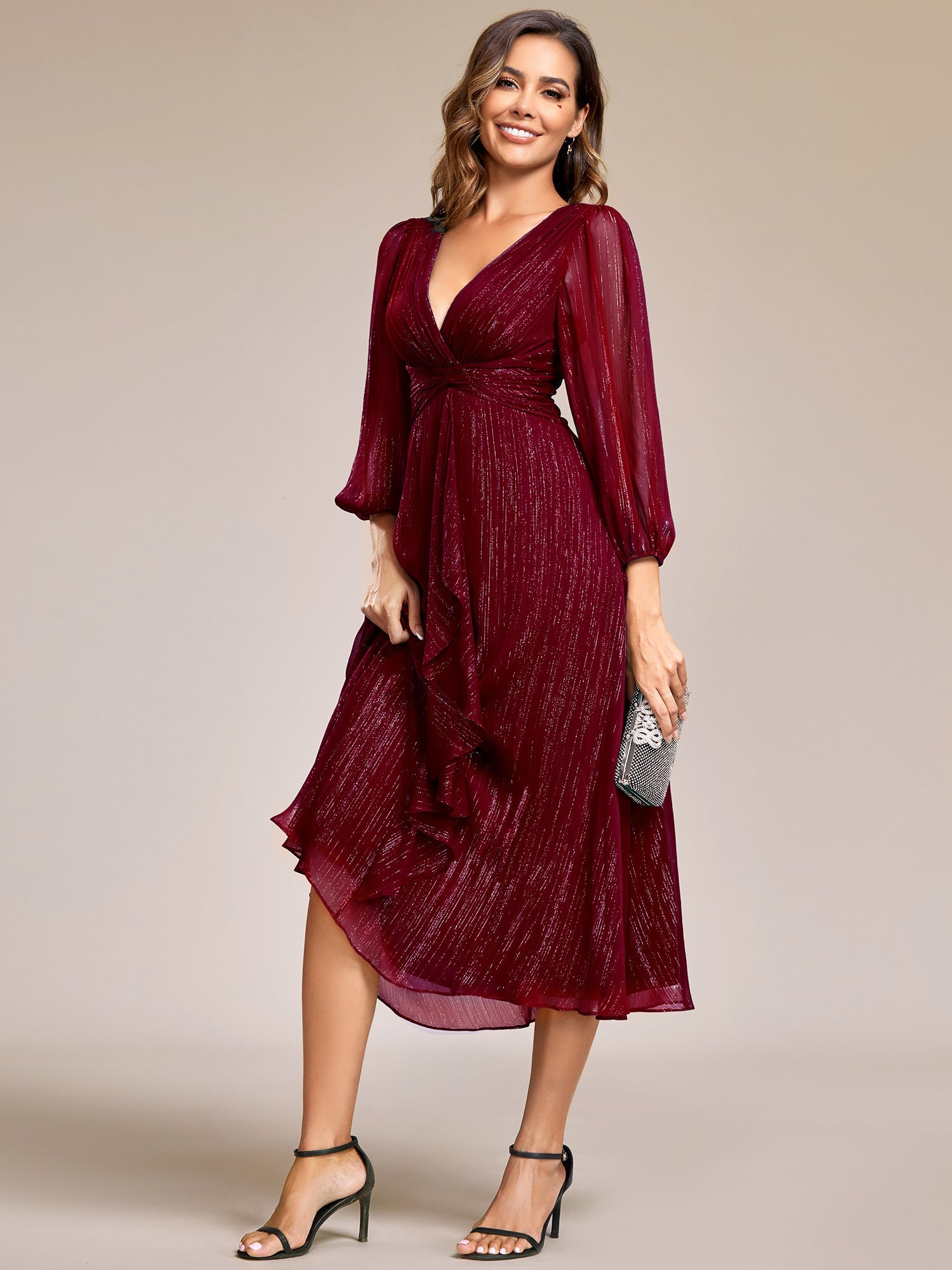 ever EMBER|See-Through Long Sleeve Twist Knot A-Line Lotus Leaf Shimmering Evening Dress