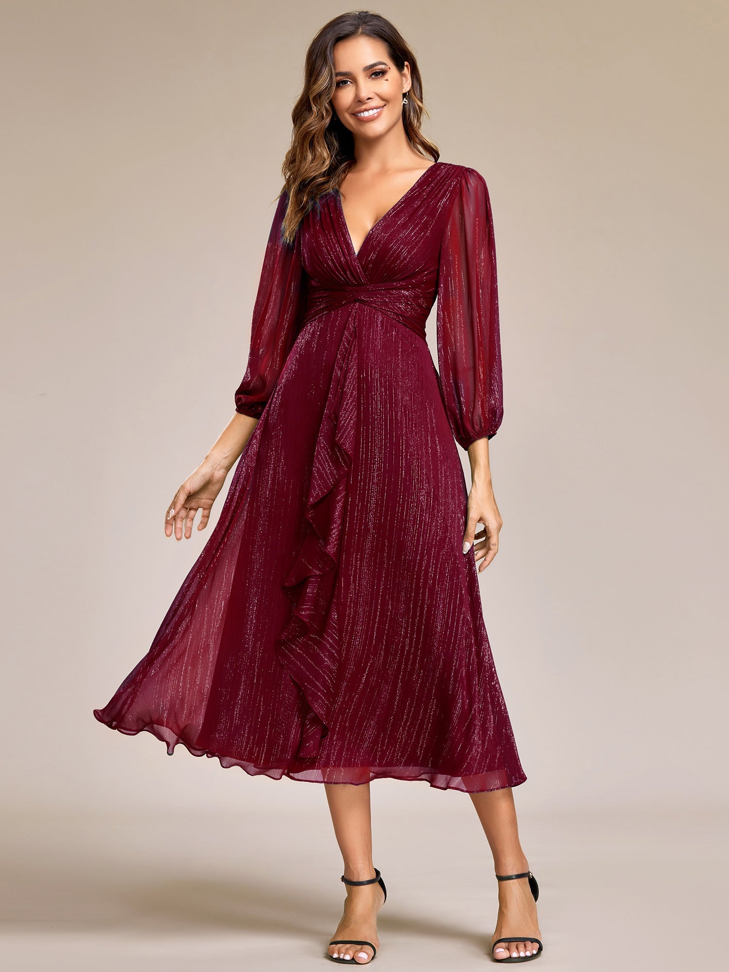 ever EMBER|See-Through Long Sleeve Twist Knot A-Line Lotus Leaf Shimmering Evening Dress