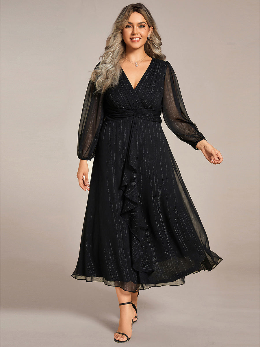 ever EMBER|See-Through Long Sleeve Twist Knot A-Line Lotus Leaf Shimmering Evening Dress