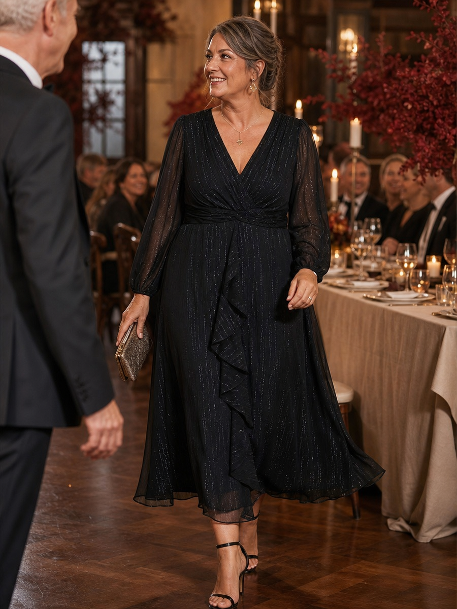 ever EMBER|See-Through Long Sleeve Twist Knot A-Line Lotus Leaf Shimmering Evening Dress