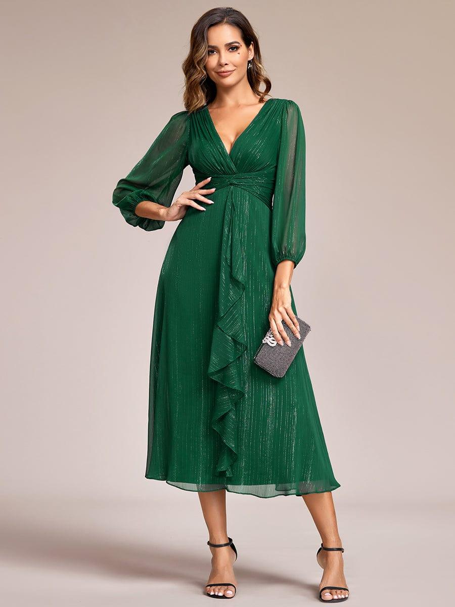 ever EMBER|See-Through Long Sleeve Twist Knot A-Line Lotus Leaf Shimmering Evening Dress