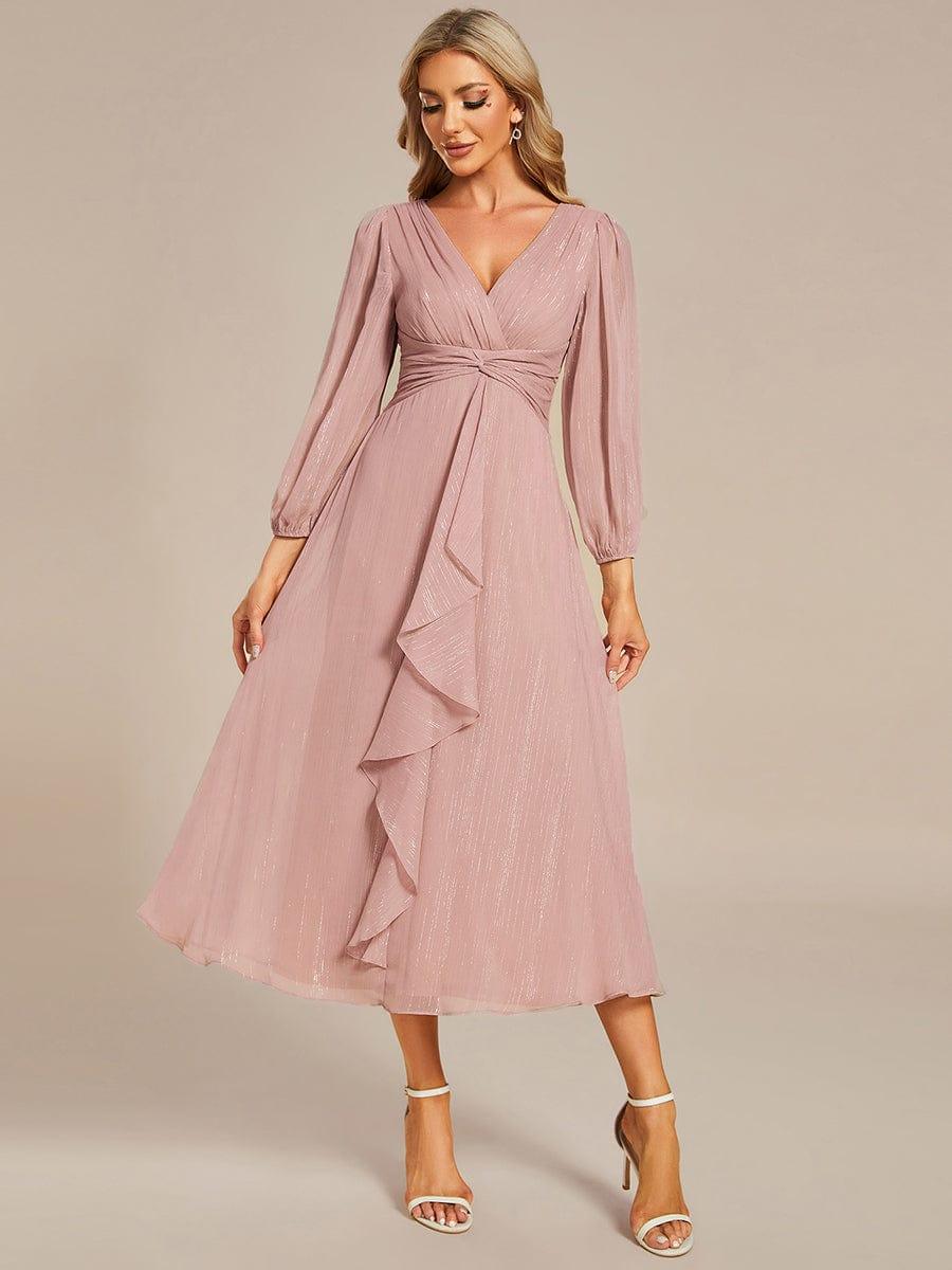 ever EMBER|See-Through Long Sleeve Twist Knot A-Line Lotus Leaf Shimmering Evening Dress