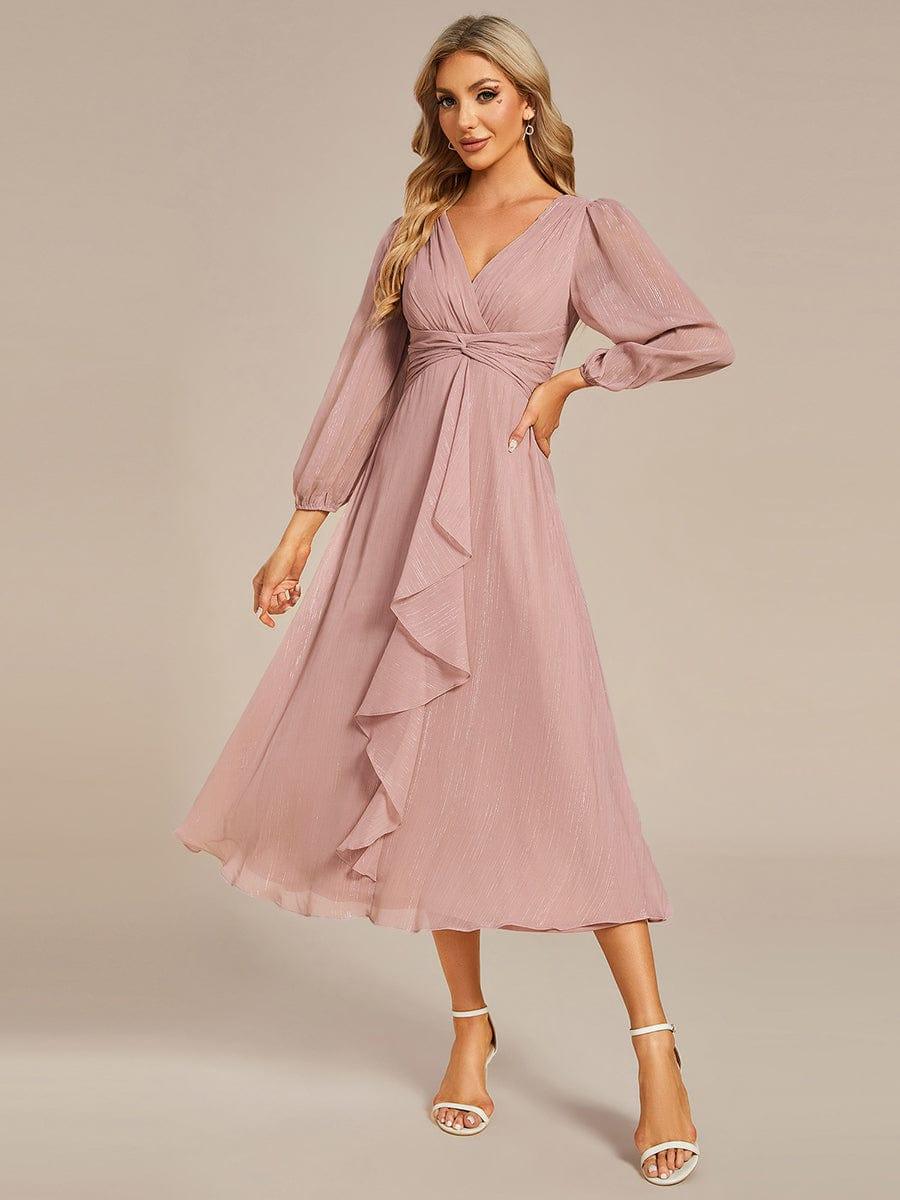 ever EMBER|See-Through Long Sleeve Twist Knot A-Line Lotus Leaf Shimmering Evening Dress